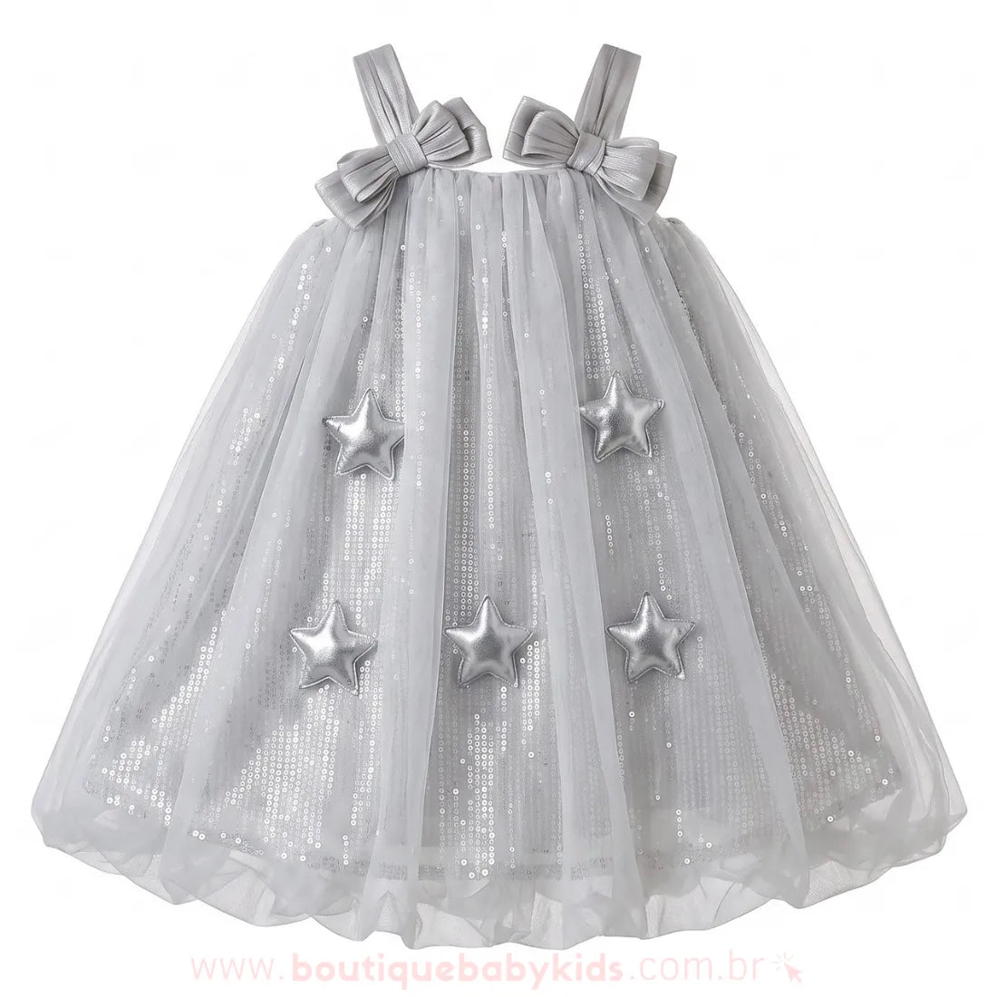 Vestido Infantil Estrelado Luar de Prata Balonê com Tule - Boutique Baby Kids