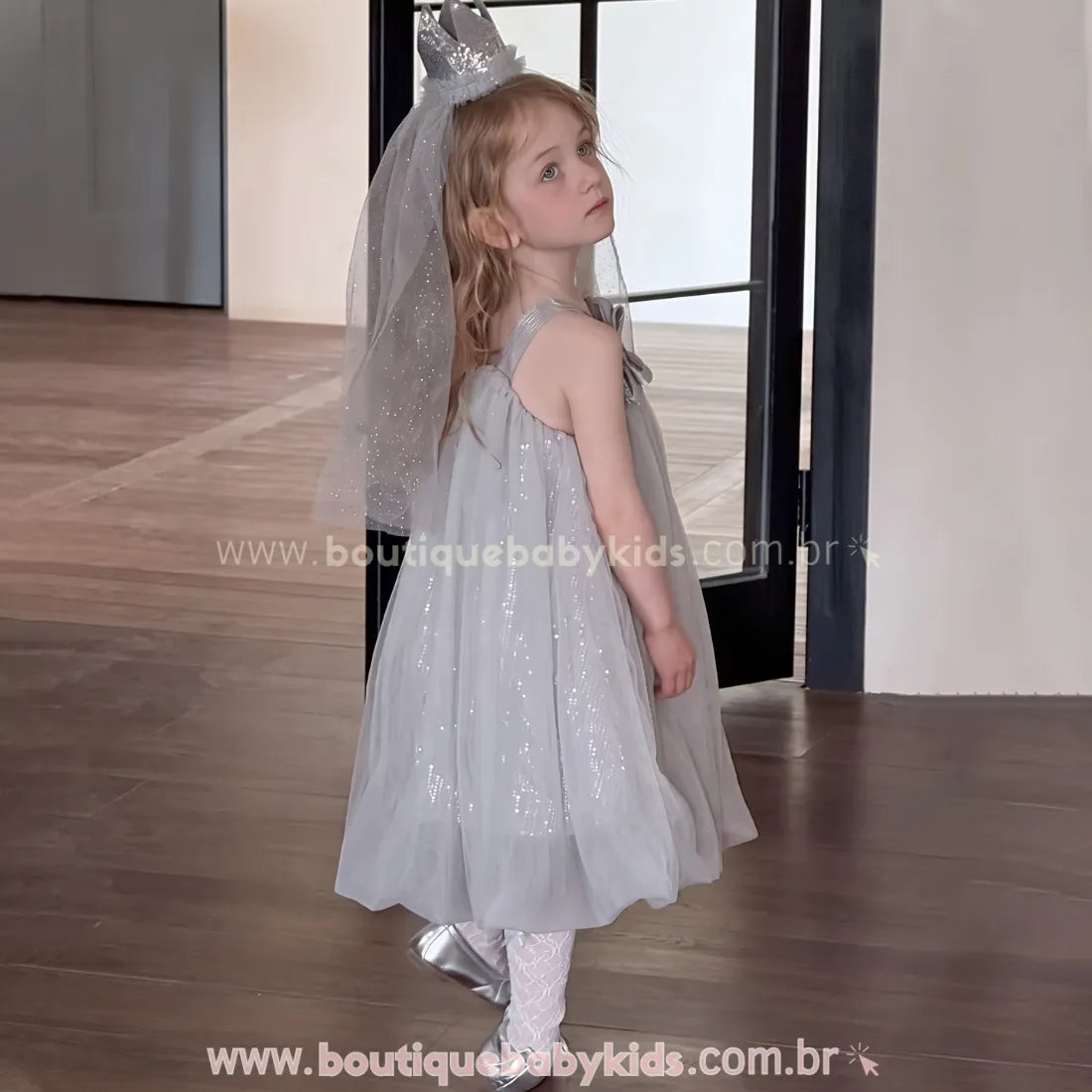 Vestido Infantil Estrelado Luar de Prata Balonê com Tule - Boutique Baby Kids