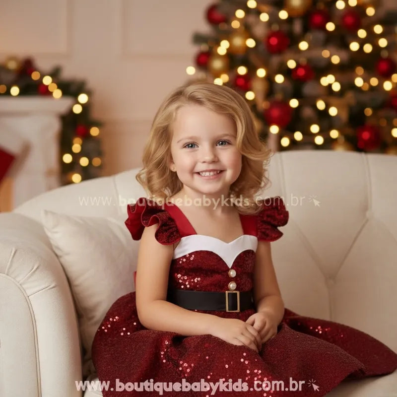 Vestido Infantil Natalino de Luxo Mamãe Noel com Paetês Vermelho - Boutique Baby Kids