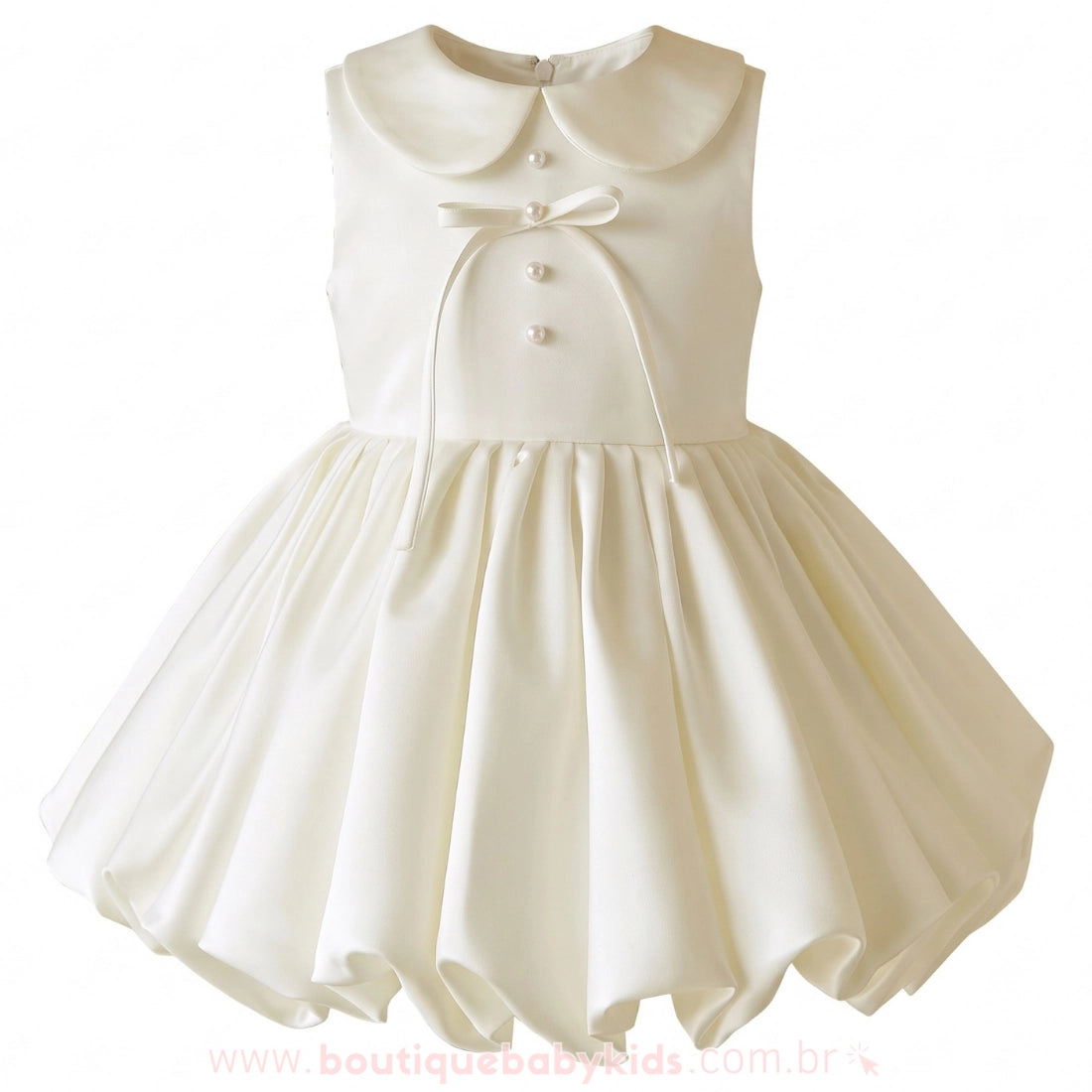 Vestido Infantil Pérola Off-White com Gola Boneca e Saia Balonê - Boutique Baby Kids