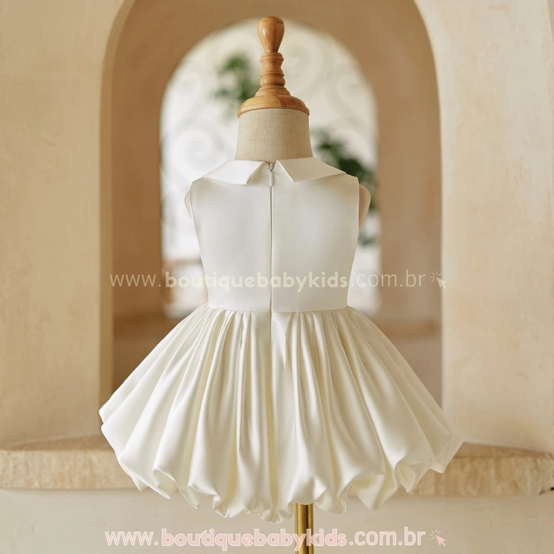 Vestido Infantil Pérola Off-White com Gola Boneca e Saia Balonê - Boutique Baby Kids