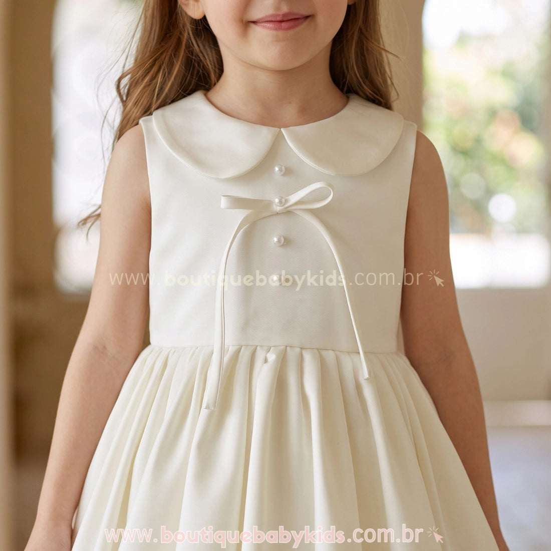 Vestido Infantil Pérola Off-White com Gola Boneca e Saia Balonê - Boutique Baby Kids