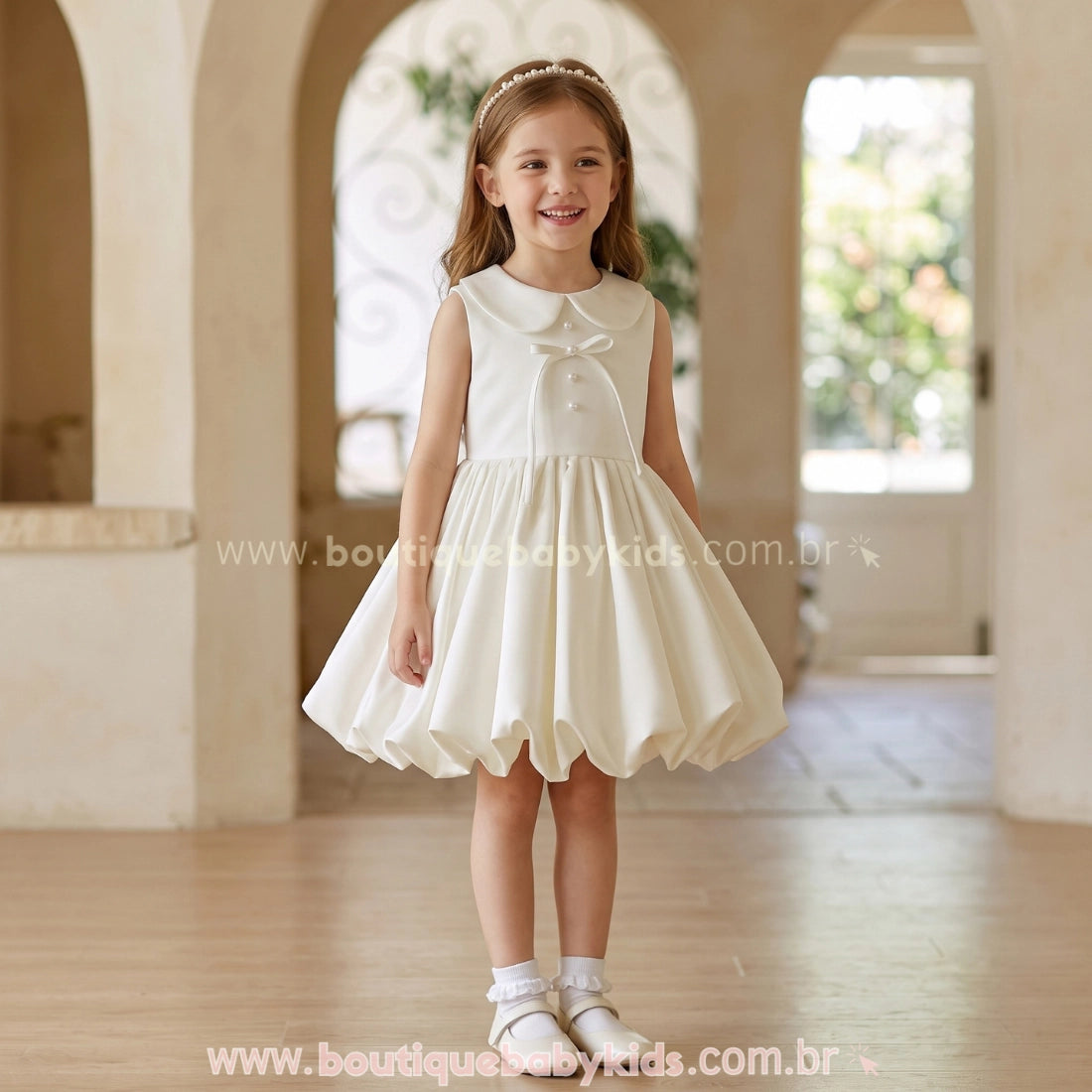 Vestido Infantil Pérola Off-White com Gola Boneca e Saia Balonê - Boutique Baby Kids