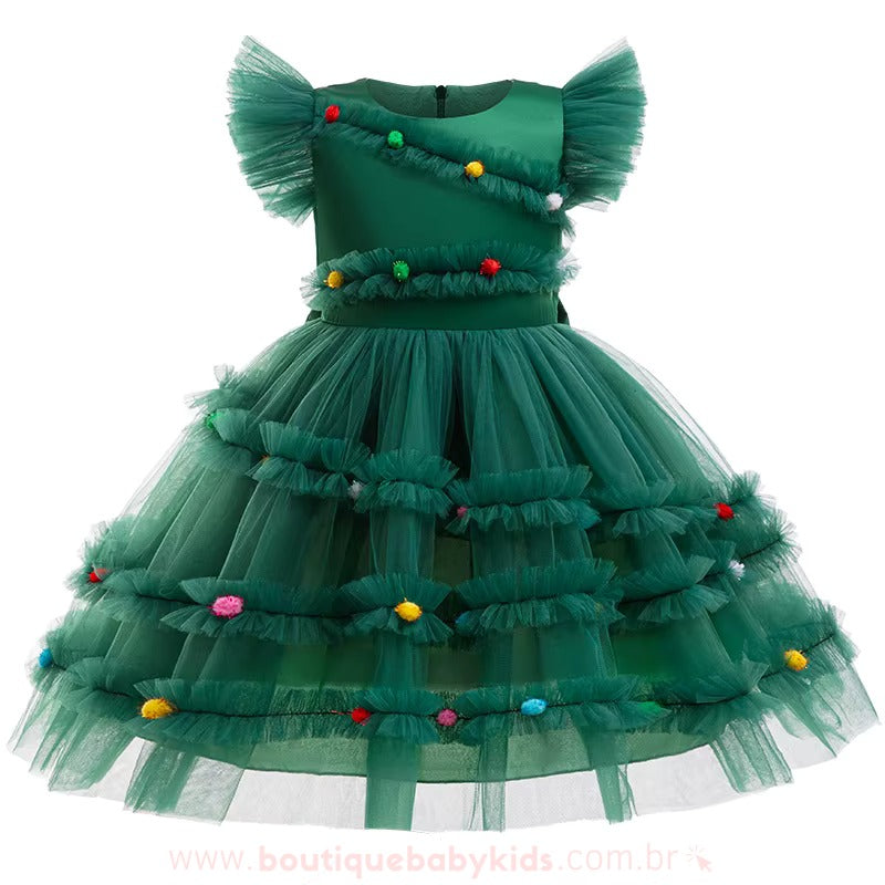 Vestido Infantil Temático de Árvore Pinheirinho do Natal com Tule Verde - Boutique Baby Kids