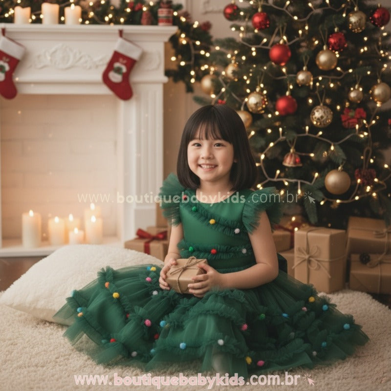 Vestido Infantil Temático de Árvore Pinheirinho do Natal com Tule Verde - Boutique Baby Kids