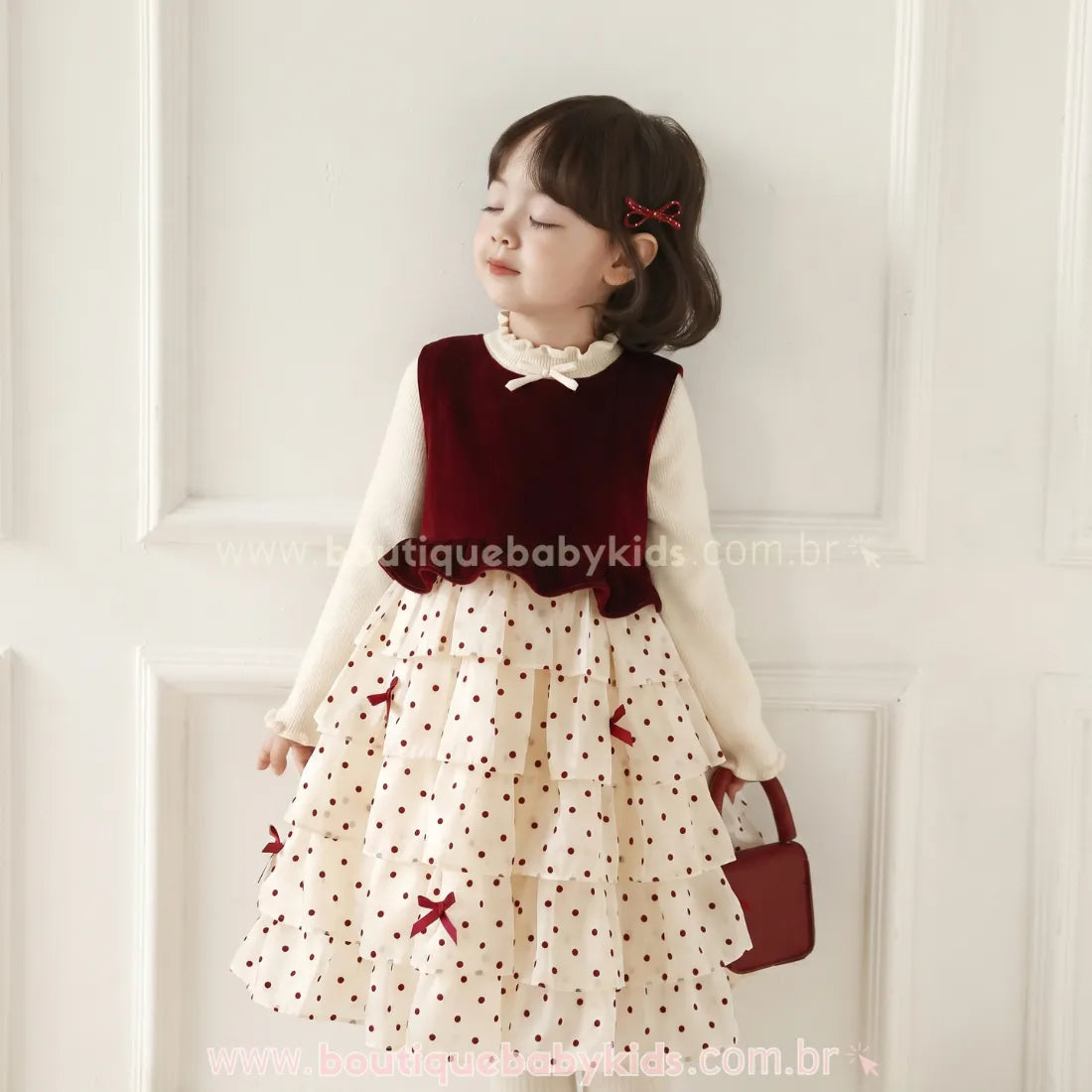 Vestido Infantil Poá Velvet Bordeaux com Corpo em Veludo e Saia em Camadas - Boutique Baby Kids