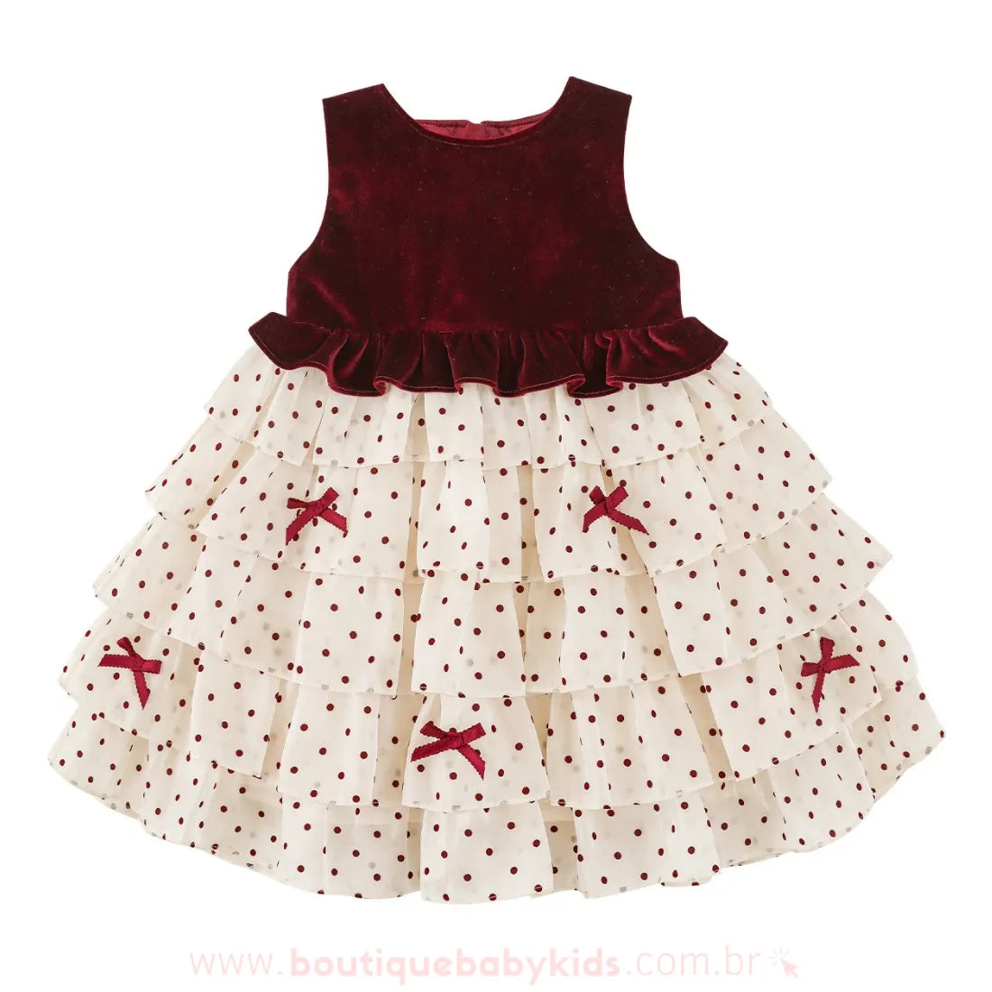 Vestido Infantil Poá Velvet Bordeaux com Corpo em Veludo e Saia em Camadas - Boutique Baby Kids