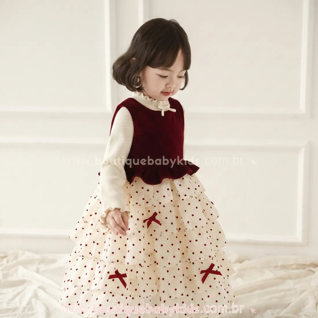 Vestido Infantil Poá Velvet Bordeaux com Corpo em Veludo e Saia em Camadas - Boutique Baby Kids