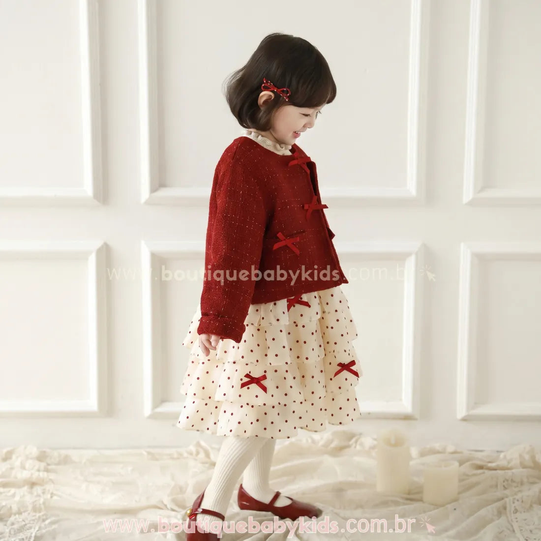 Vestido Infantil Poá Velvet Bordeaux com Corpo em Veludo e Saia em Camadas - Boutique Baby Kids