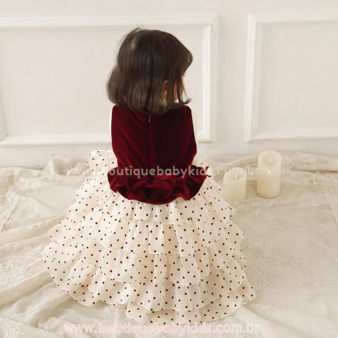 Vestido Infantil Poá Velvet Bordeaux com Corpo em Veludo e Saia em Camadas - Boutique Baby Kids