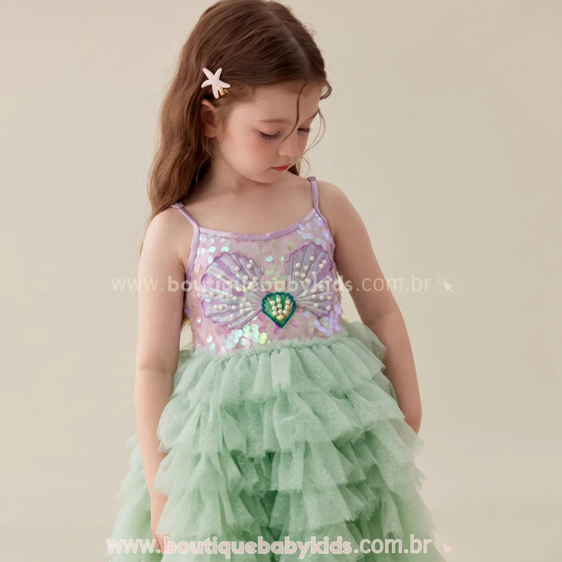 Vestido Infantil Princesa Sereia do Oceano com Tule e Pérolas Luxo - Boutique Baby Kids