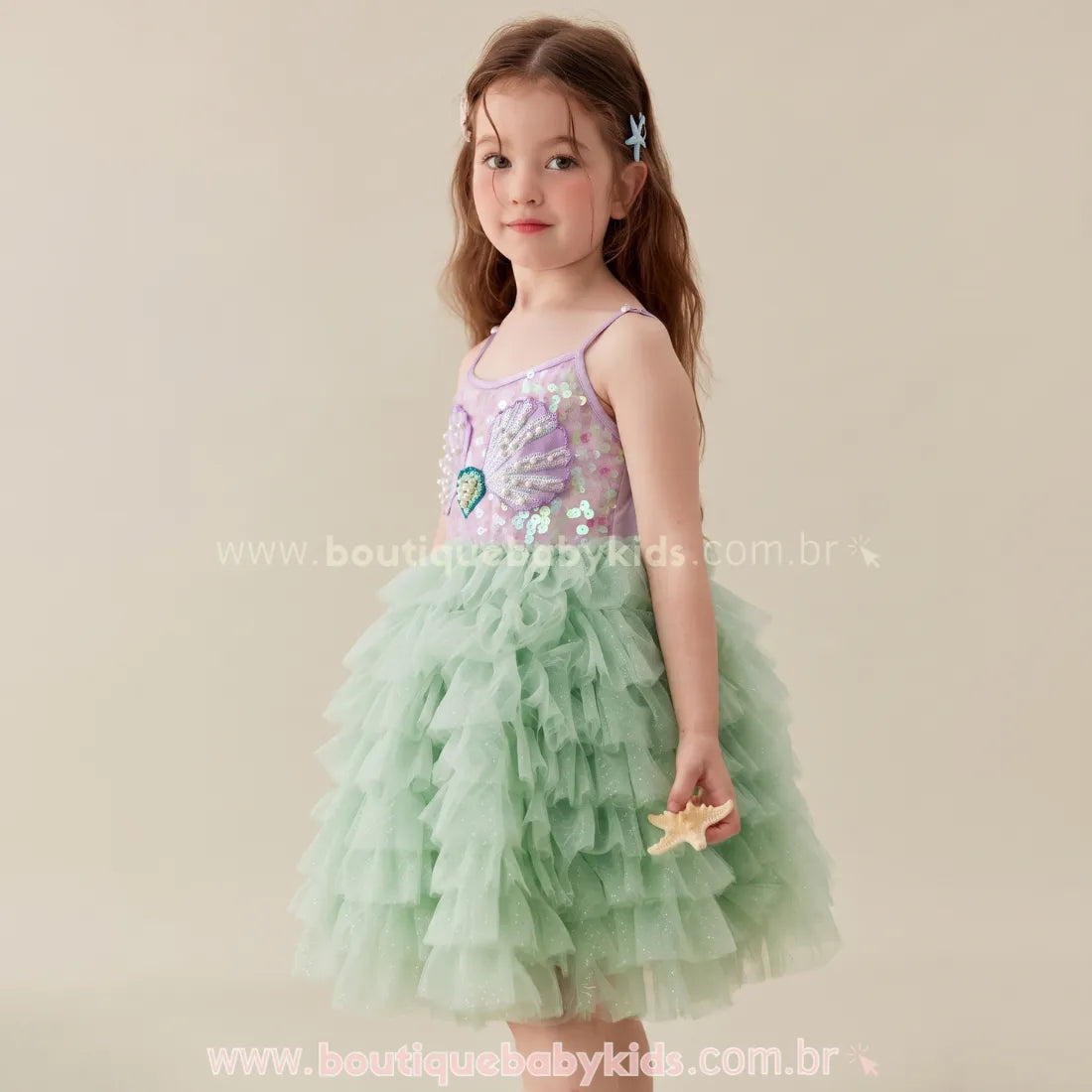 Vestido Infantil Princesa Sereia do Oceano com Tule e Pérolas Luxo - Boutique Baby Kids