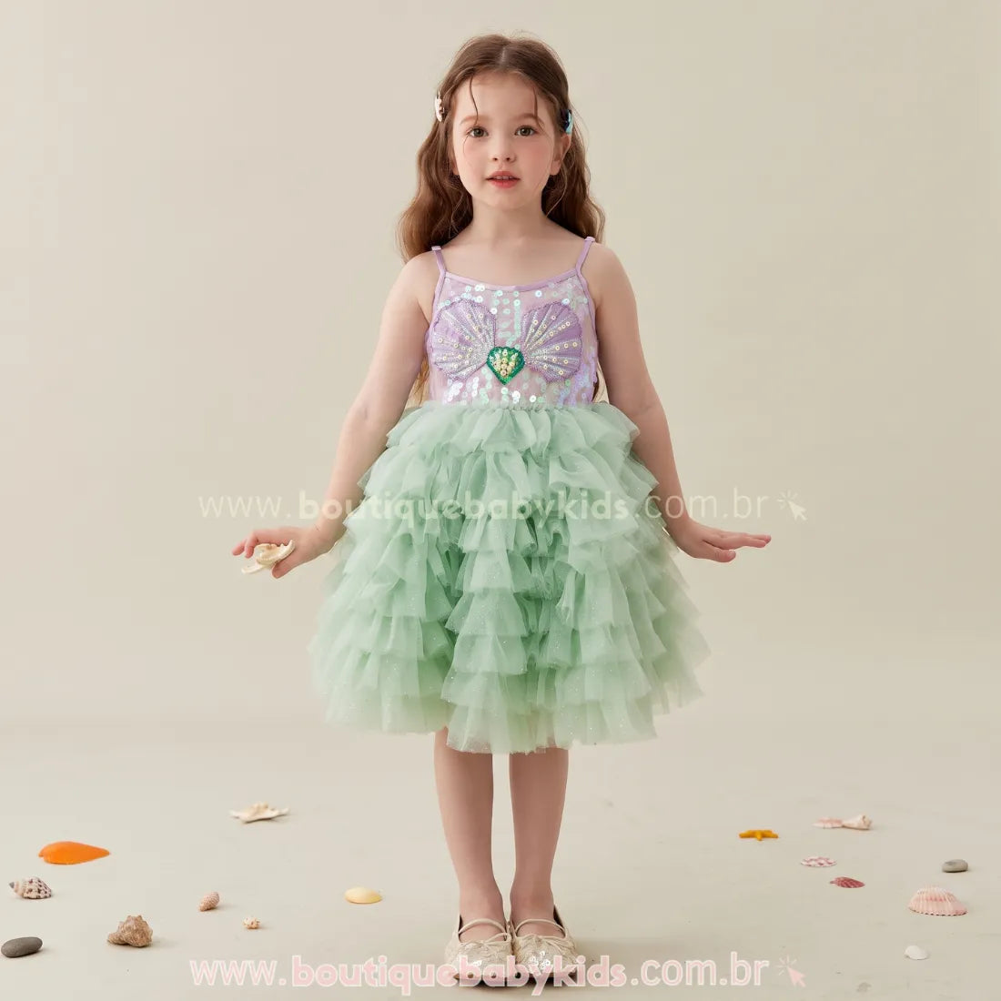 Vestido Infantil Princesa Sereia do Oceano com Tule e Pérolas Luxo - Boutique Baby Kids
