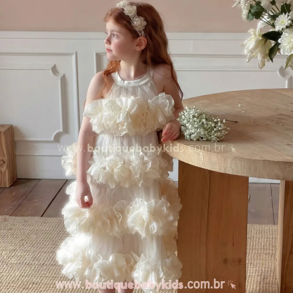 Vestido Infantil de Festa Princesa com Camadas de Tule Bege - Boutique Baby Kids 