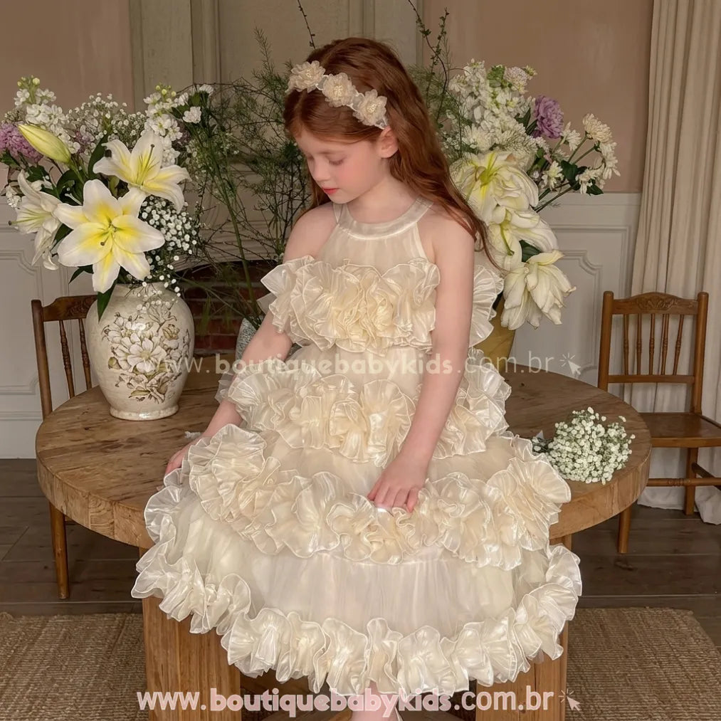 Vestido Infantil de Festa Princesa com Camadas de Tule Bege - Boutique Baby Kids 