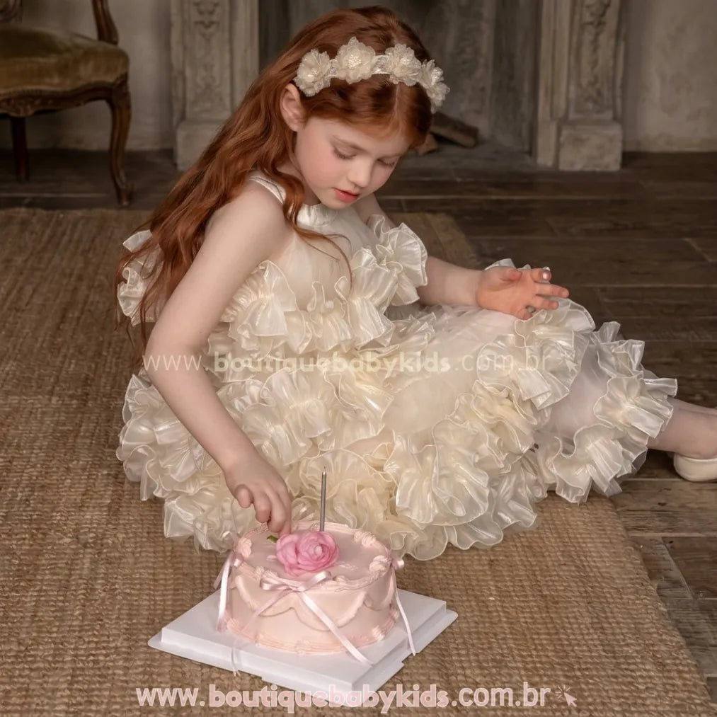 Vestido Infantil de Festa Princesa com Camadas de Tule Bege - Boutique Baby Kids 