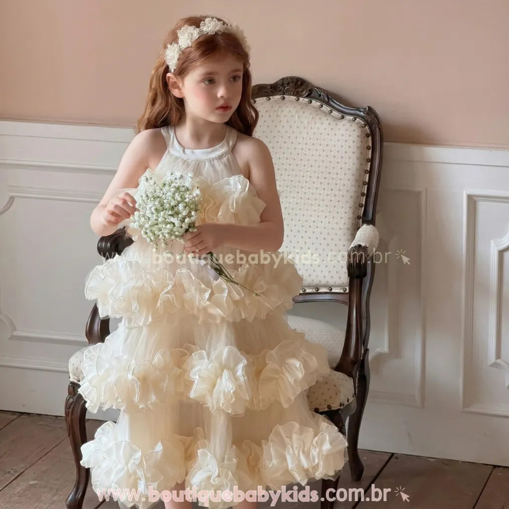 Vestido Infantil de Festa Princesa com Camadas de Tule Bege - Boutique Baby Kids 
