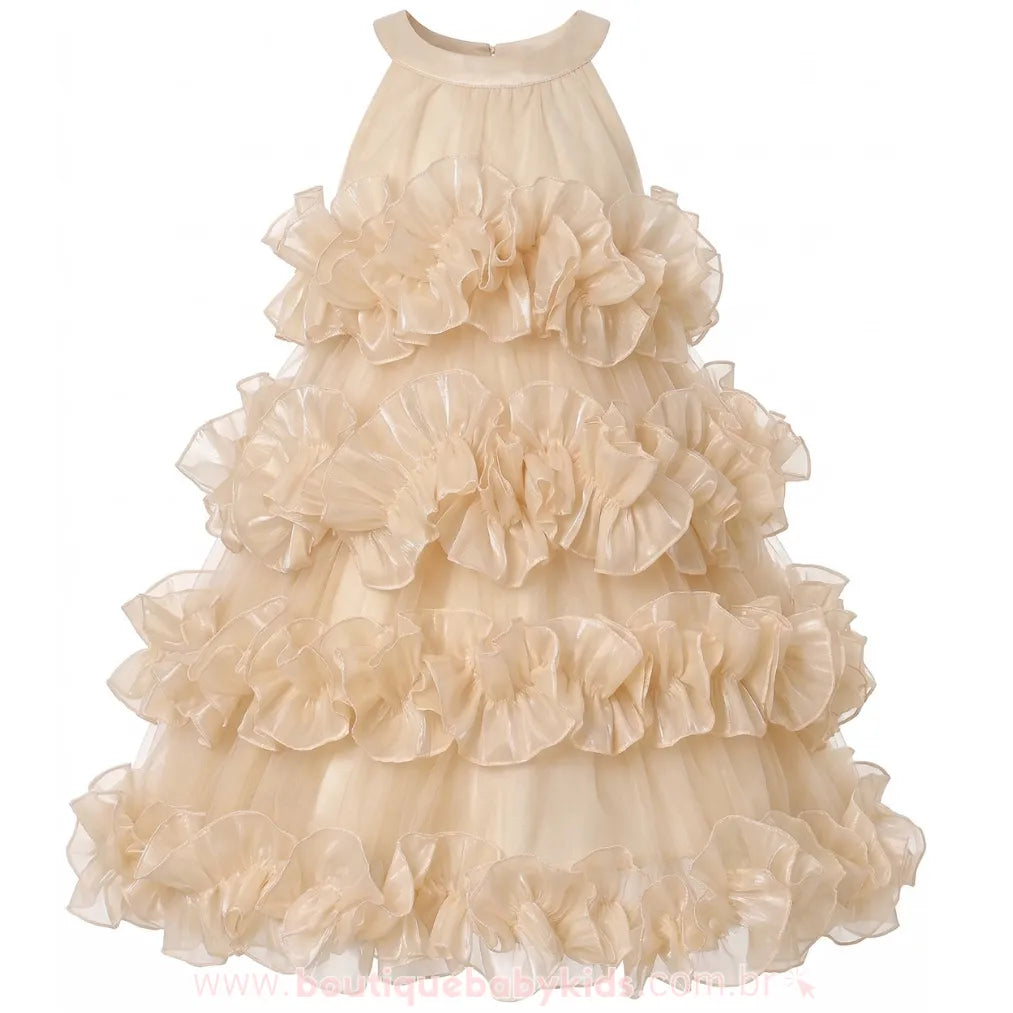 Vestido Infantil de Festa Princesa com Camadas de Tule Bege - Boutique Baby Kids 
