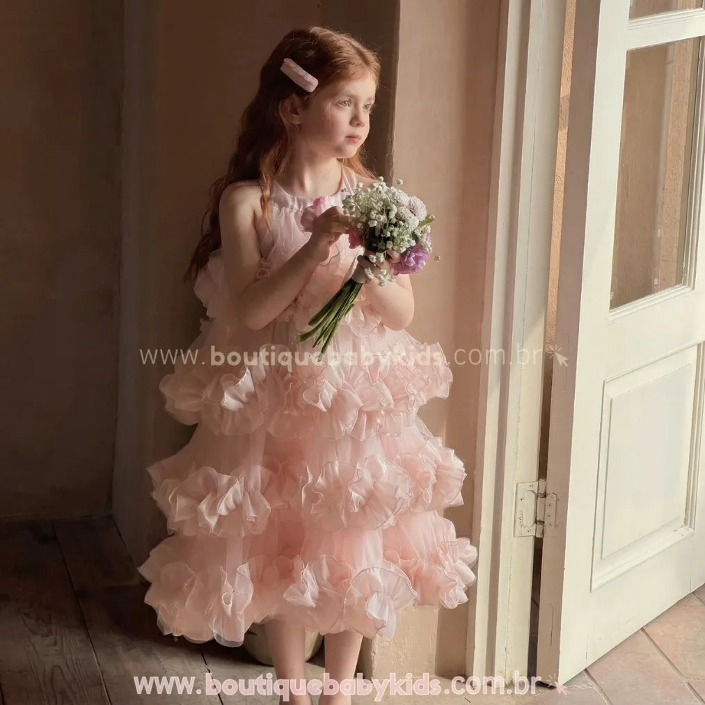 Vestido Infantil de Festa Princesa com Camadas de Tule Rosa - Boutique Baby Kids 