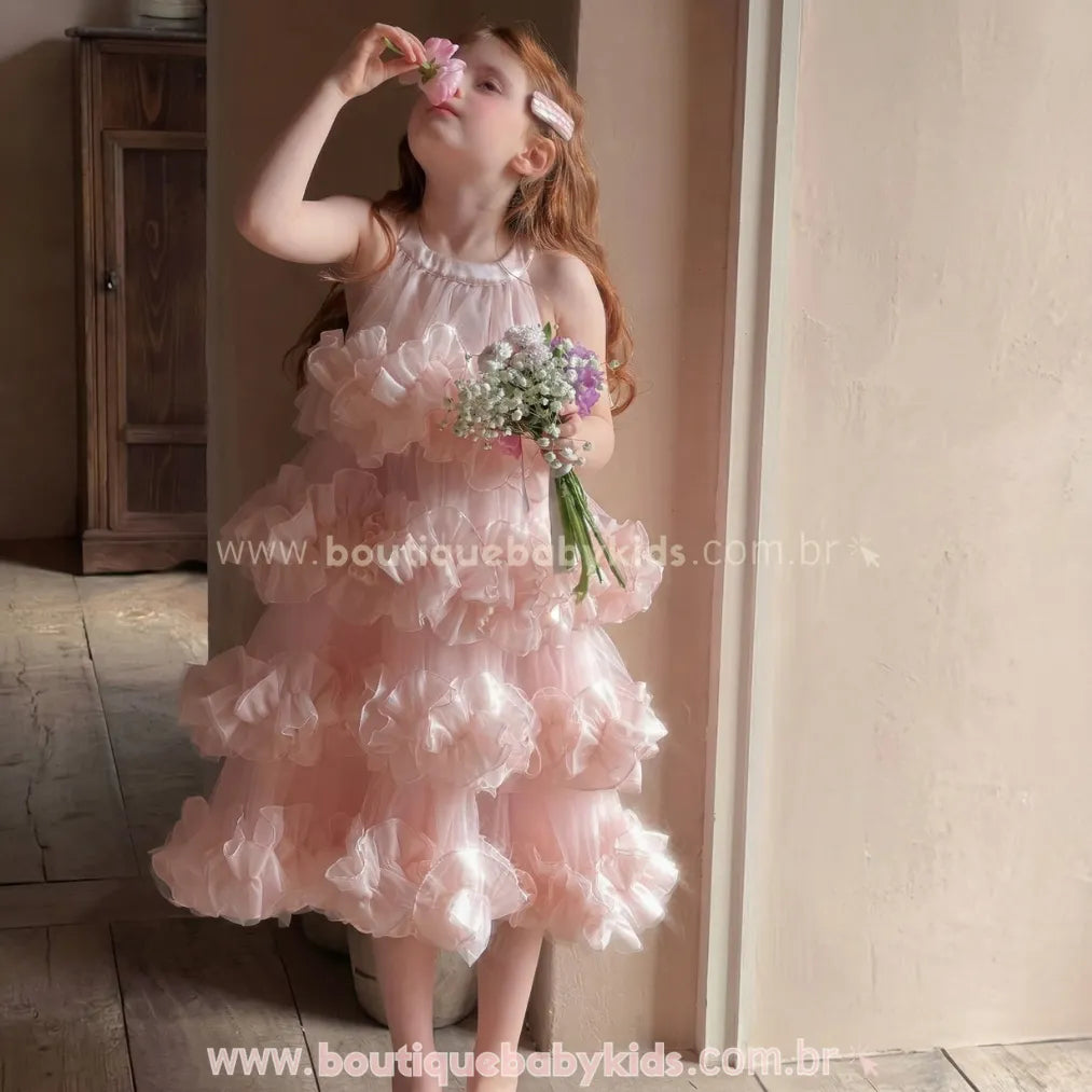 Vestido Infantil de Festa Princesa com Camadas de Tule Rosa - Boutique Baby Kids 