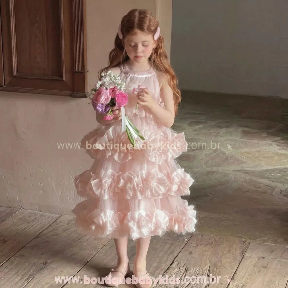 Vestido Infantil de Festa Princesa com Camadas de Tule Rosa - Boutique Baby Kids 