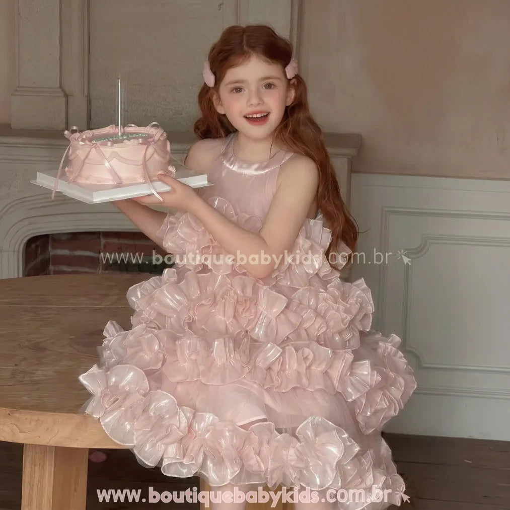 Vestido Infantil de Festa Princesa com Camadas de Tule Rosa - Boutique Baby Kids 