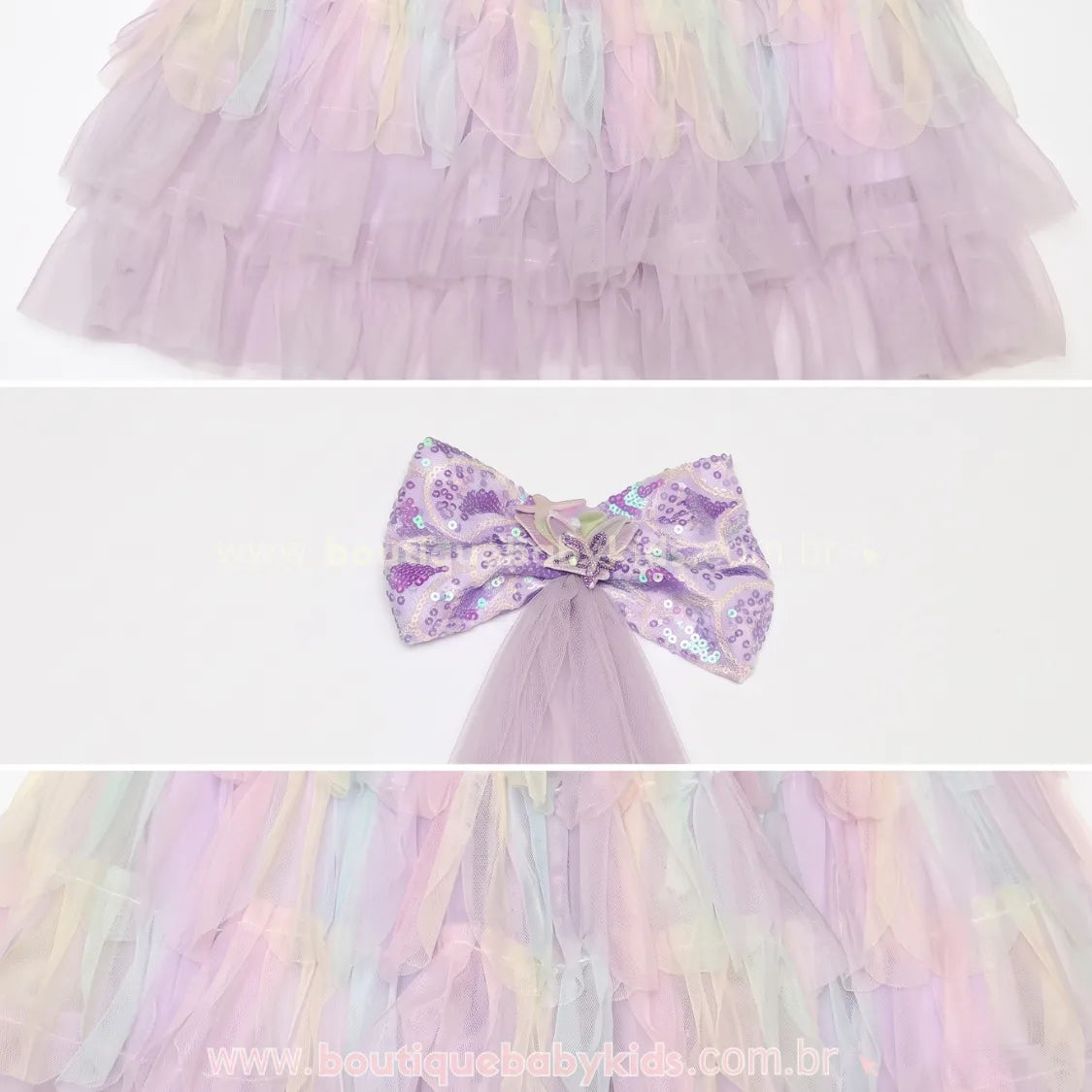 Detalhes do Vestido Infantil Reino das Sereias com Tule e Paetês Lilás - Boutique Baby Kids