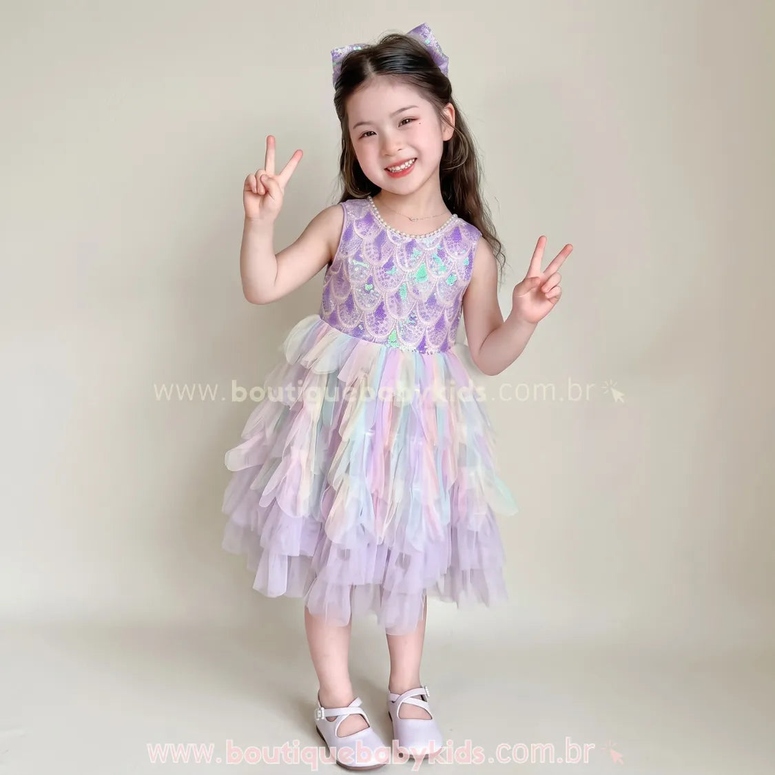 Vestido Infantil Reino das Sereias com Tule e Paetês Lilás - Boutique Baby Kids