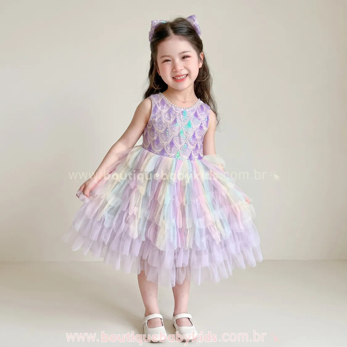 Vestido Infantil Reino das Sereias com Tule e Paetês Lilás - Boutique Baby Kids