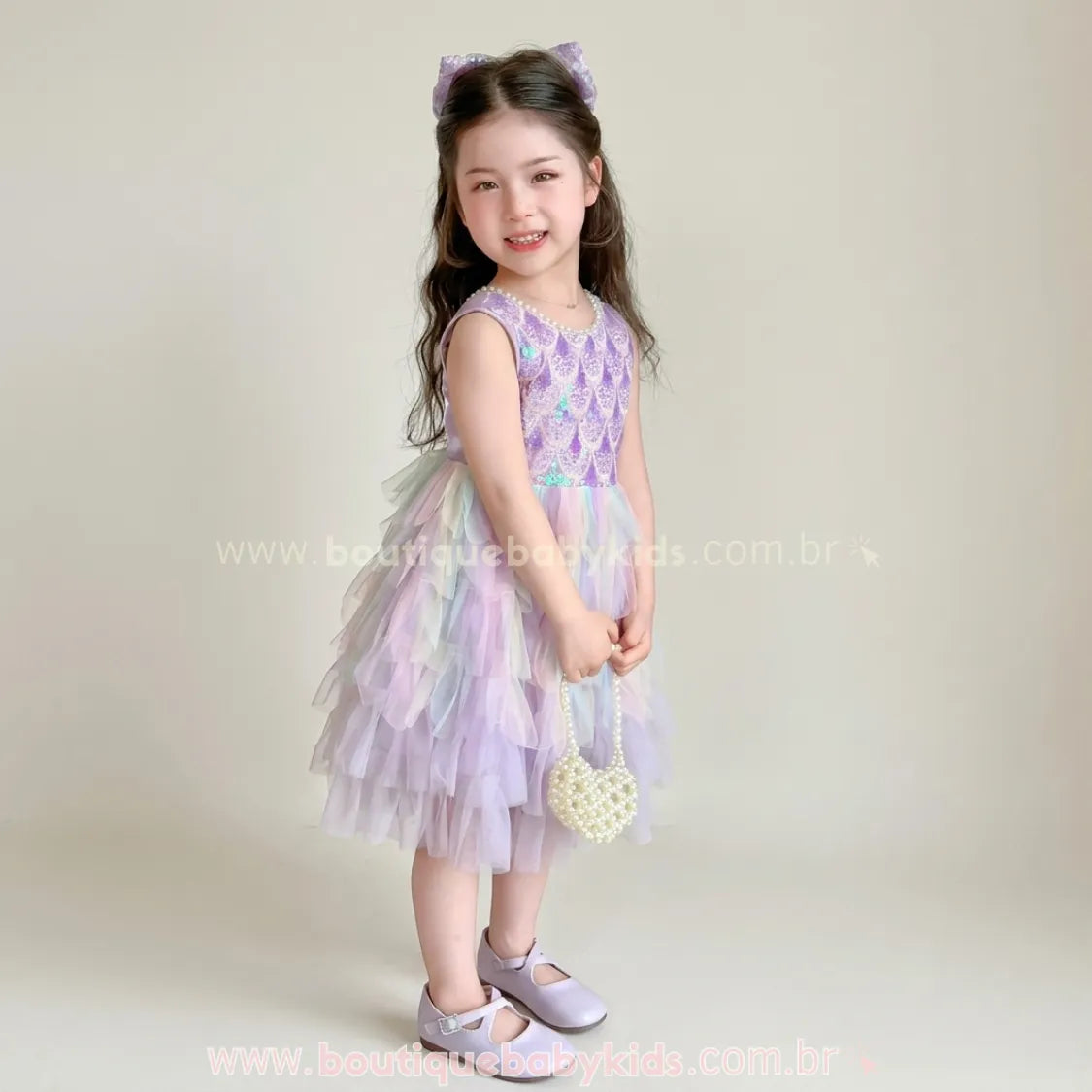 Vestido Infantil Reino das Sereias com Tule e Paetês Lilás - Boutique Baby Kids