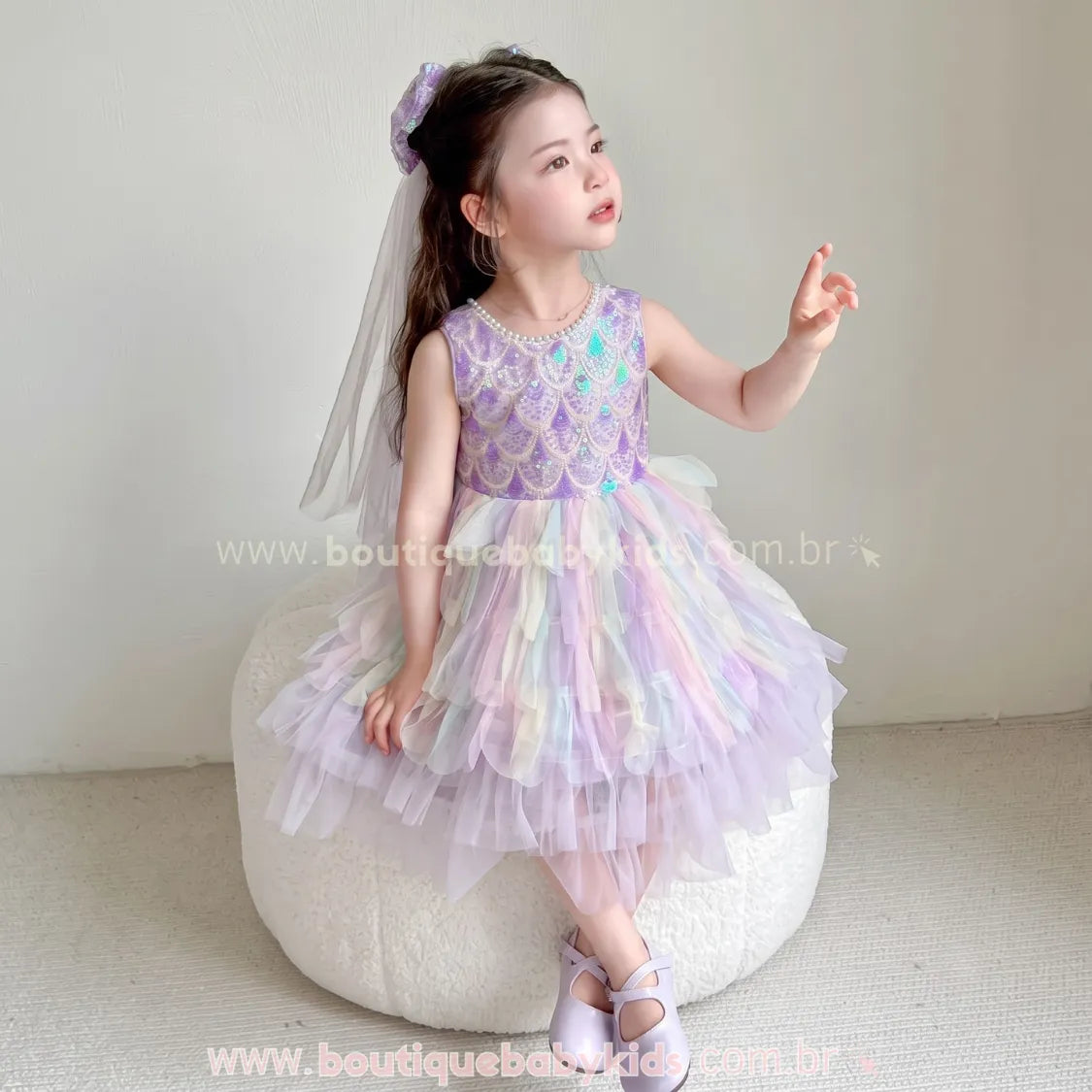 Vestido Infantil Reino das Sereias com Tule e Paetês Lilás - Boutique Baby Kids
