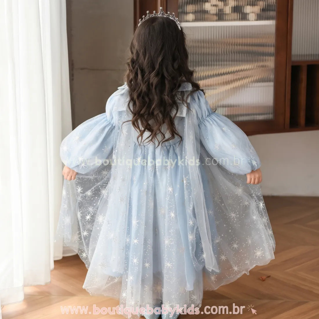 Parte de trás do Vestido Infantil Elsa Reino de Gelo com Tule e Mangas Bufantes - Boutique Baby Kids