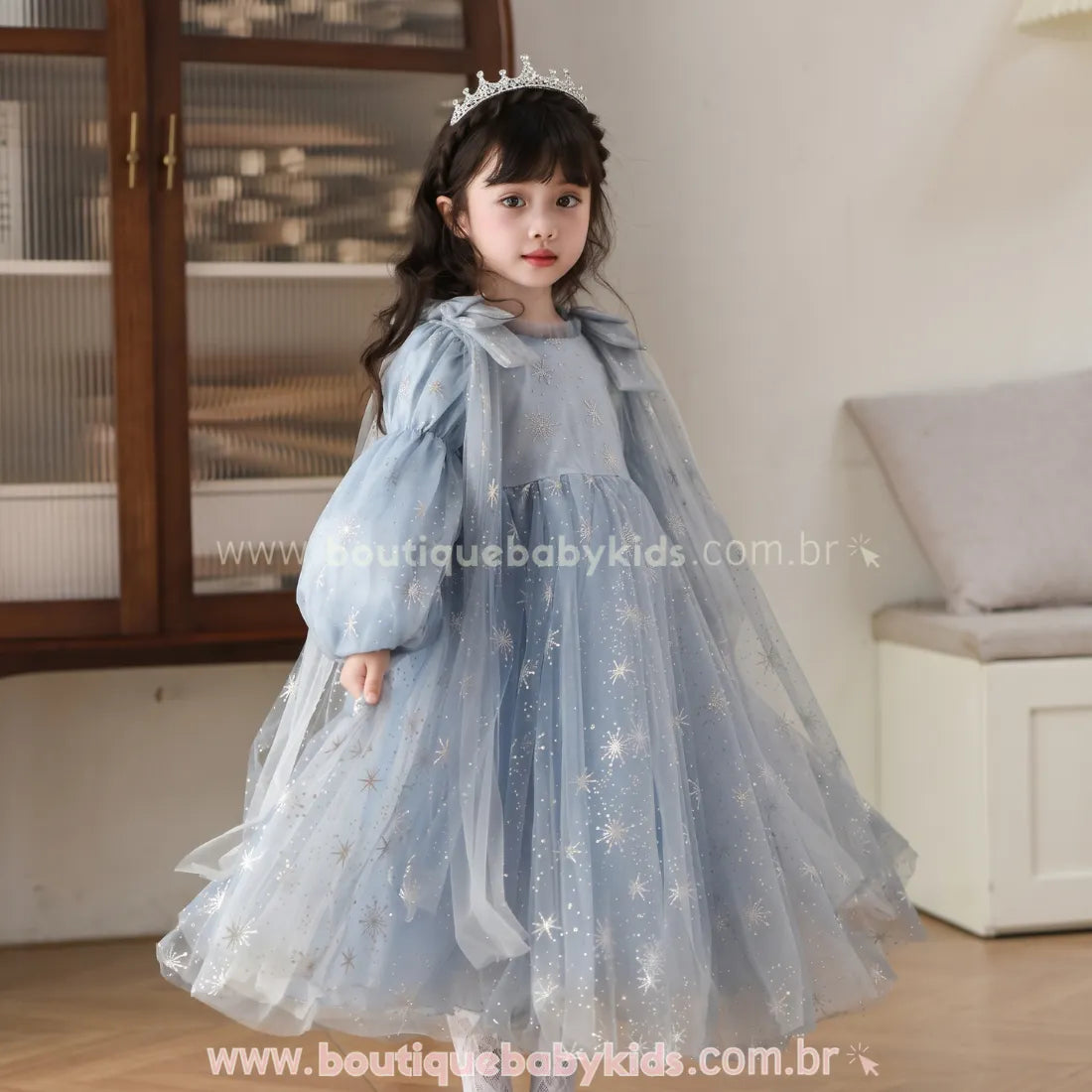 Vestido Infantil Elsa Reino de Gelo com Tule e Mangas Bufantes - Boutique Baby Kids