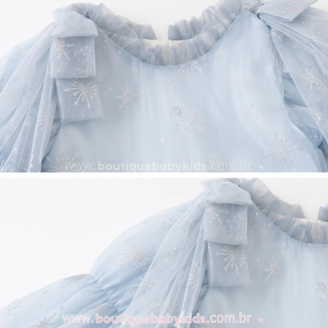 Detalhes do Vestido Infantil Elsa Reino de Gelo com Tule e Mangas Bufantes - Boutique Baby Kids