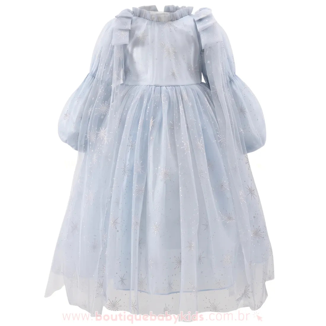 Vestido Infantil Elsa Reino de Gelo com Tule e Mangas Bufantes - Boutique Baby Kids
