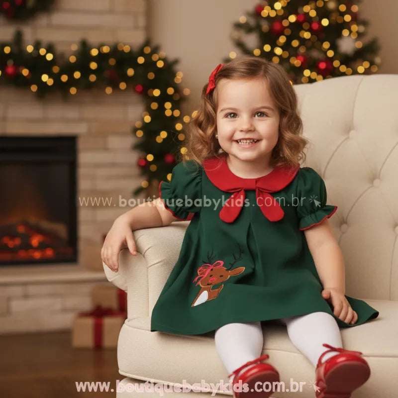 Vestido Infantil Bordado Rena Encantada de Natal Verde - Boutique Baby Kids