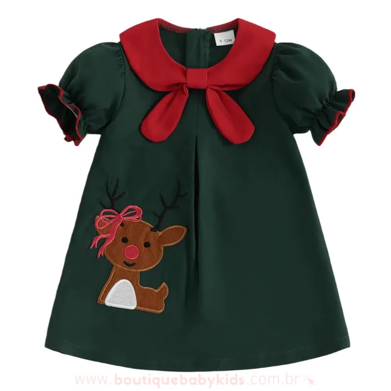 Vestido Infantil Bordado Rena Encantada de Natal Verde - Boutique Baby Kids