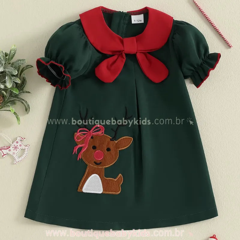 Vestido Infantil Bordado Rena Encantada de Natal Verde - Boutique Baby Kids