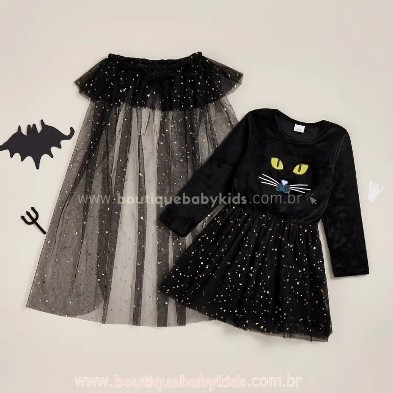 Vestido Infantil Temático de Halloween Gatinha Mística com Capa de Tule Preto - Boutique Baby Kids