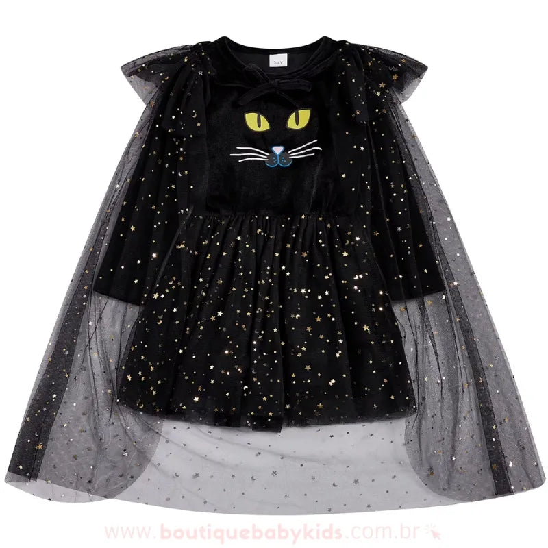 Vestido Infantil Temático de Halloween Gatinha Mística com Capa de Tule Preto - Boutique Baby Kids