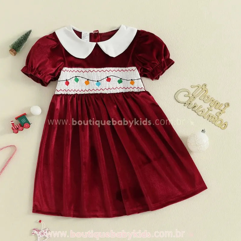 Vestido Infantil Temático Veludo Bordado Luzinhas de Natal Vermelho - Boutique Baby Kids