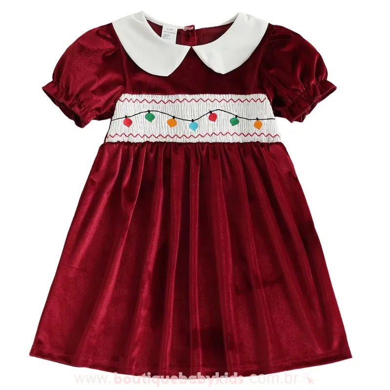 Vestido Infantil Temático Veludo Bordado Luzinhas de Natal Vermelho - Boutique Baby Kids