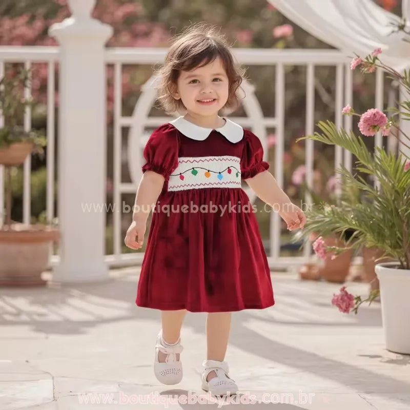 Vestido Infantil Temático Veludo Bordado Luzinhas de Natal Vermelho - Boutique Baby Kids