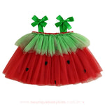 Vestido infantil temático melancia com tule vermelho, parte superior verde e alças com laço