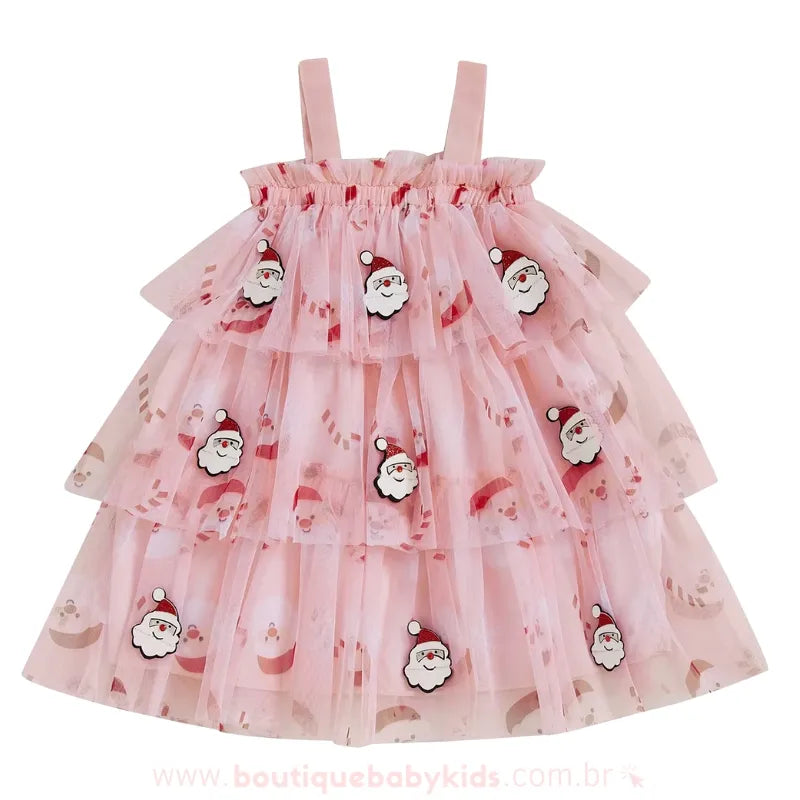 Vestido Infantil de Natal Temático Papai Noel Tule Rosa - Boutique Baby Kids