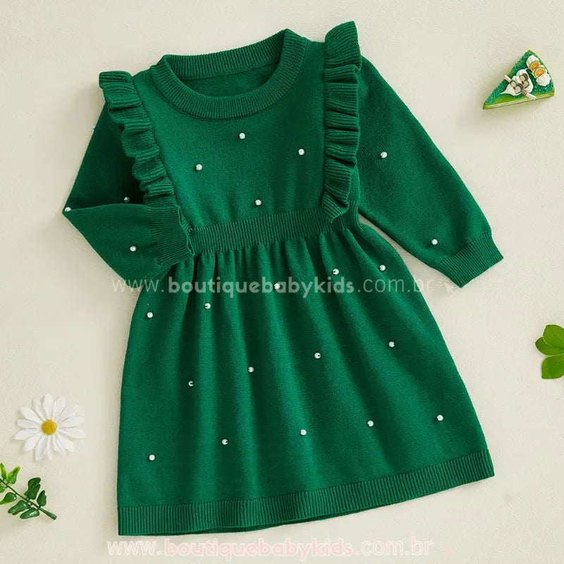 Vestido Infantil Tricot Elegância com Pérolas Verde - Boutique Baby Kids