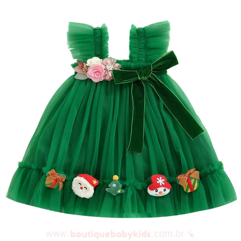 Vestido Infantil Tule Encanto Natalino com Apliques Verde - Boutique Baby Kids