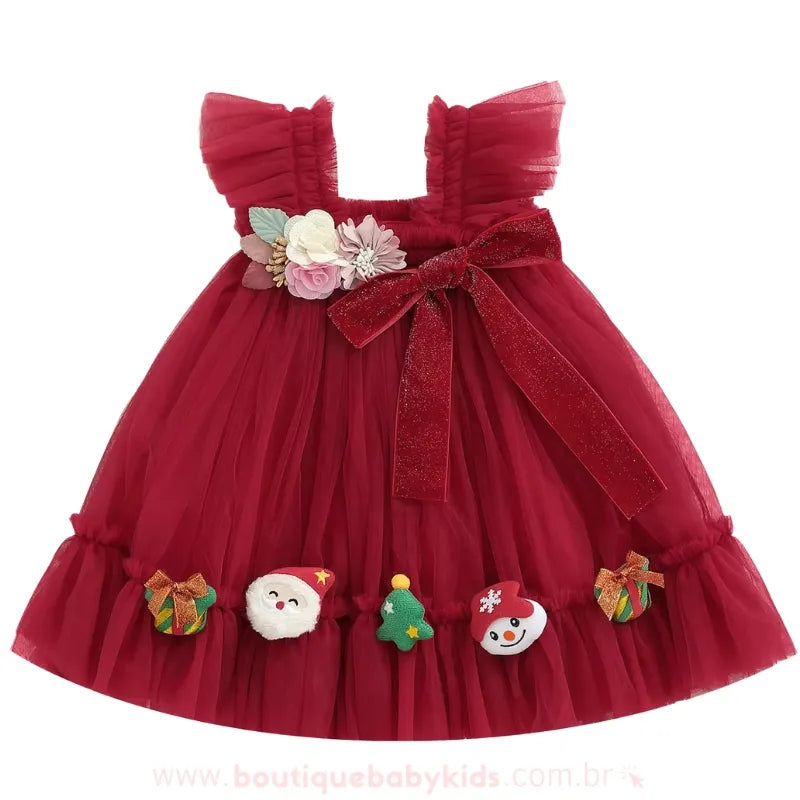 Vestido Infantil Tule Encanto Natalino com Apliques Vermelho - Boutique Baby Kids