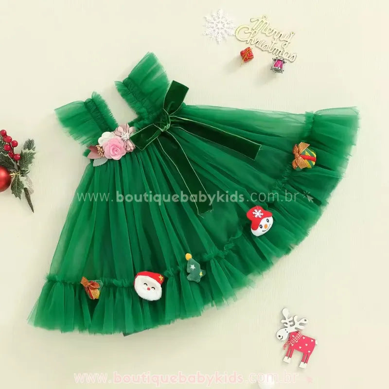 Vestido Infantil Tule Encanto Natalino com Apliques Verde - Boutique Baby Kids