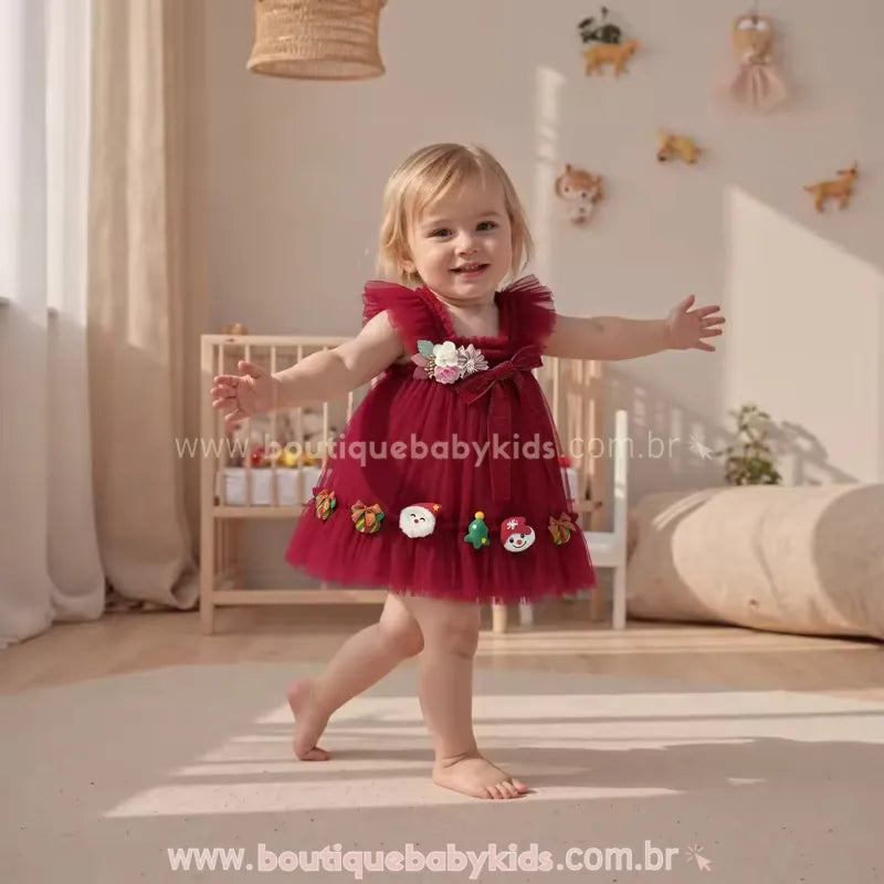 Vestido Infantil Tule Encanto Natalino com Apliques Vermelho - Boutique Baby Kids